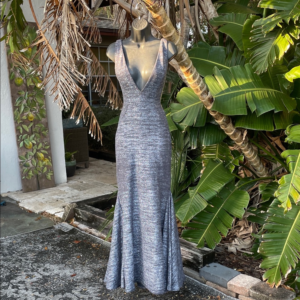 Silver deep cut mesh insert formal gown View 3